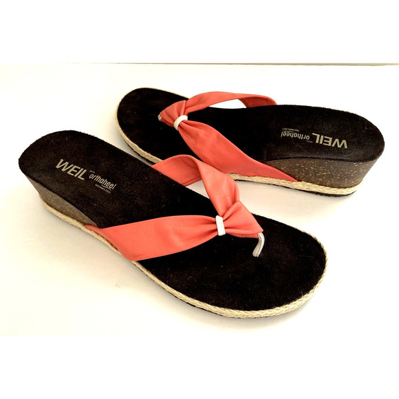 Dr. WEIL Orthaheel Calm Coral Pink Leather Thong Wedge Sandals Sz 10/41 - Picture 9 of 9